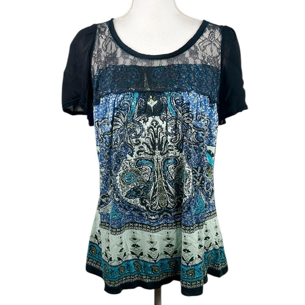 Bila Blue & White Y2K 90's Lace Boho Sheer Sleeves Flowy Top Size XXL